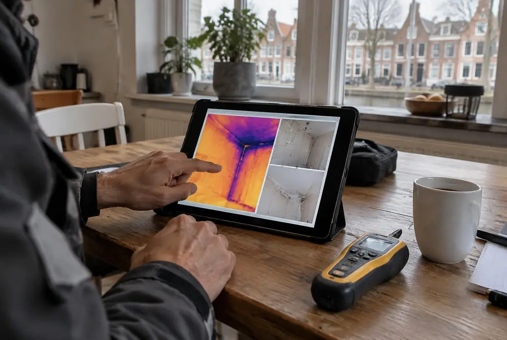 Lekdetectie Delft – lekdetectierapport met warmtebeelden en foto's op een tablet