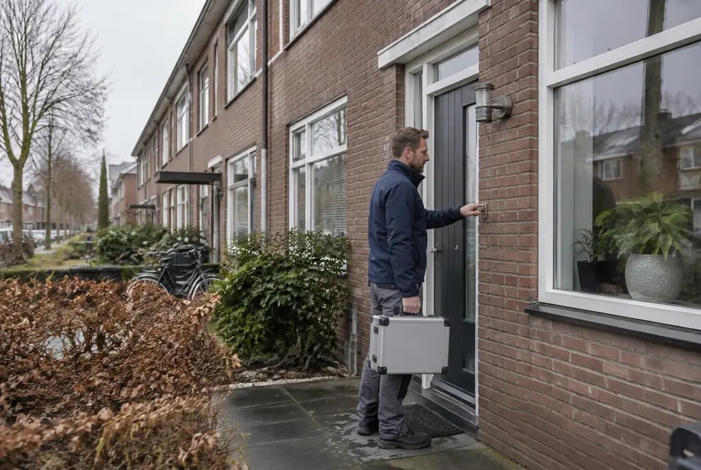 Lekdetectiespecialist met meetkoffer bij de voordeur van een woning in Delft